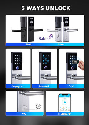 Bluetooth Fireproof Smart Door Lock Prata preta com código de cartão impressão digital APP WiFi Peso bruto 285Kg Sistema de entrada segura